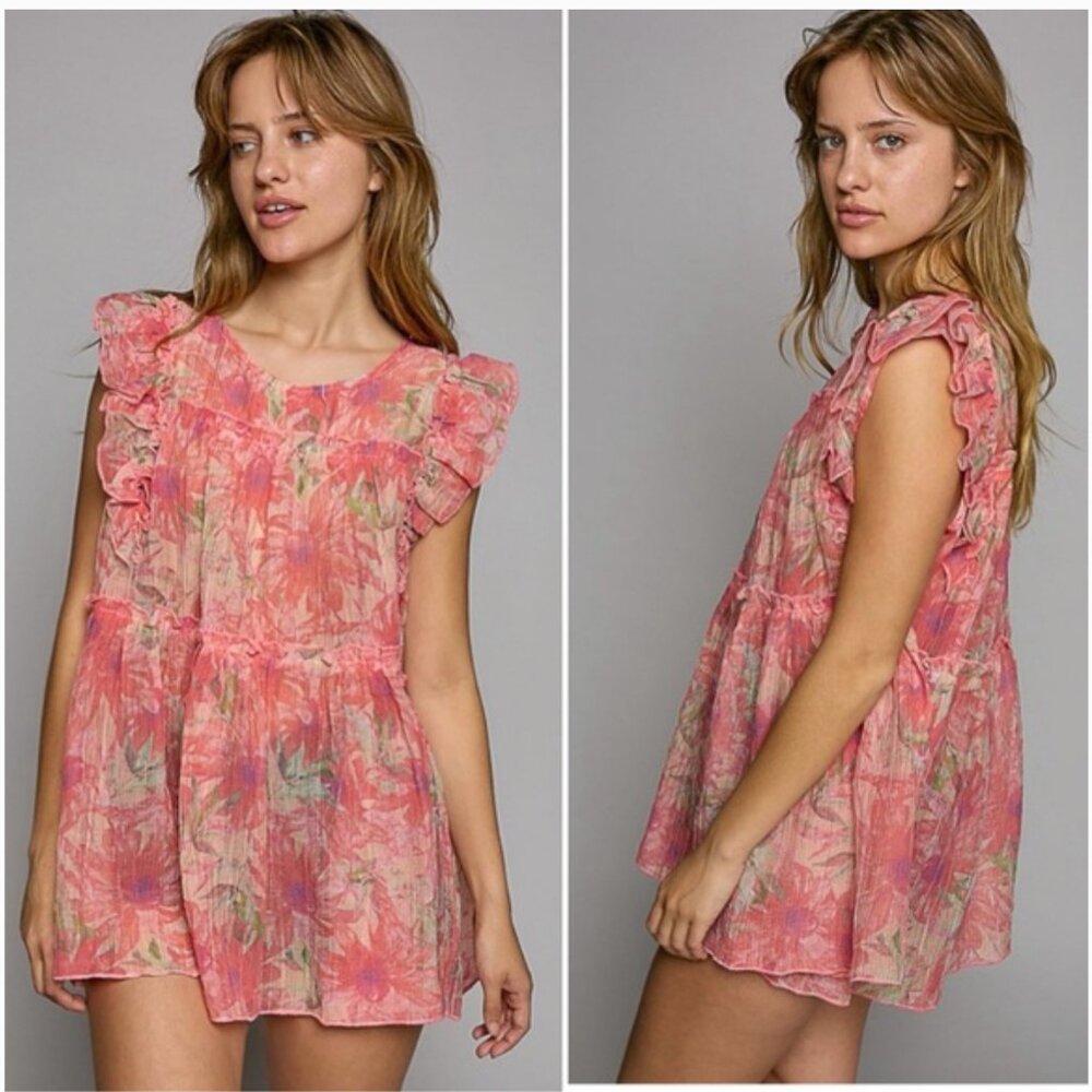 POL NEW Pink Floral Ruffle Sleeveless Blouse Size L Boho Sheer Tiered Tunic